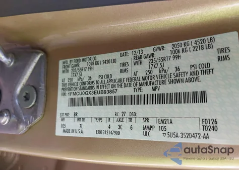 2014 Ford Escape Se z USA, uszkodzony, nr VIN 1FMCU0GX3EUB93857